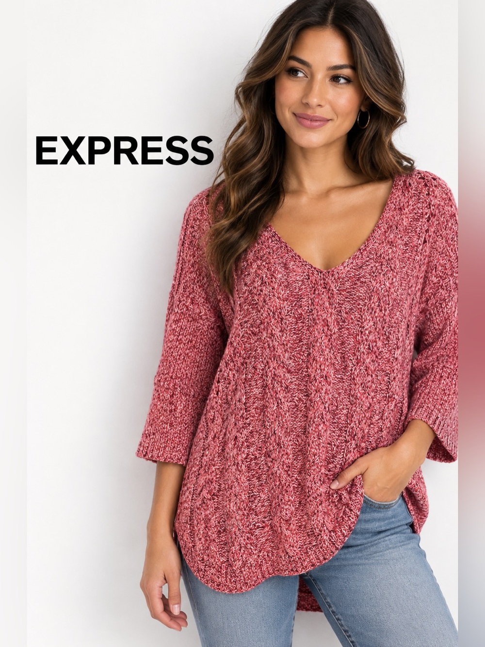 Express Cable Knit V-Neck Sweater Pink Marl 3/4 Sleeve Size M